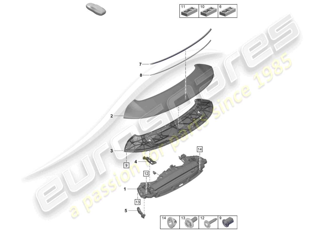 porsche 992 gt3/rs/st (2021 - 9j1) rear spoiler part diagram