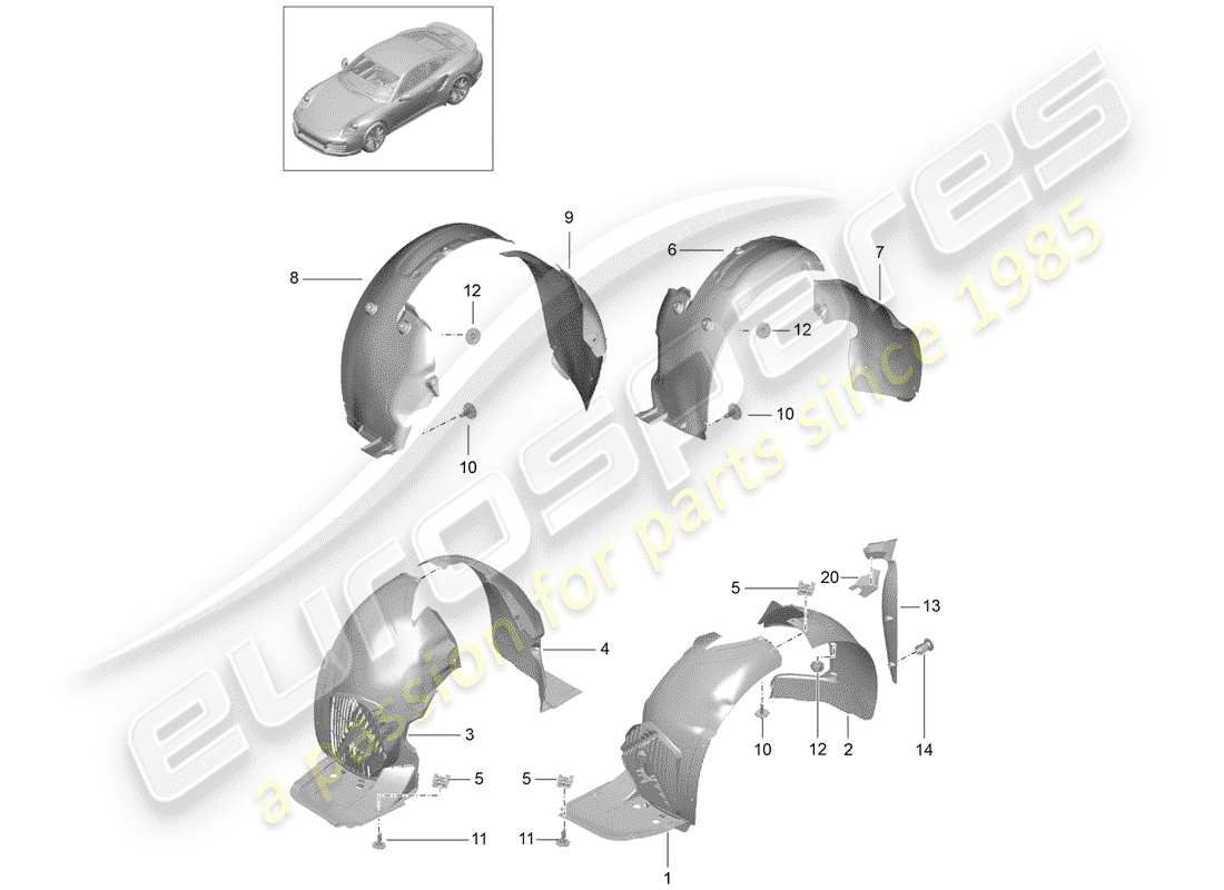 porsche 991 turbo (2018) wheelhouse protector part diagram