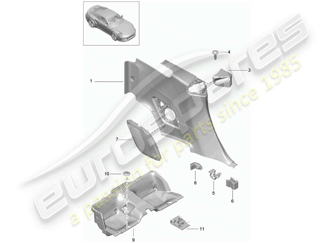 porsche 991 turbo (2018) quarter trim panel part diagram