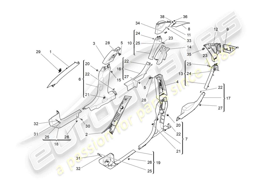 maserati quattroporte (2018) passenger compartment b pillar trim panels and side panels part diagram