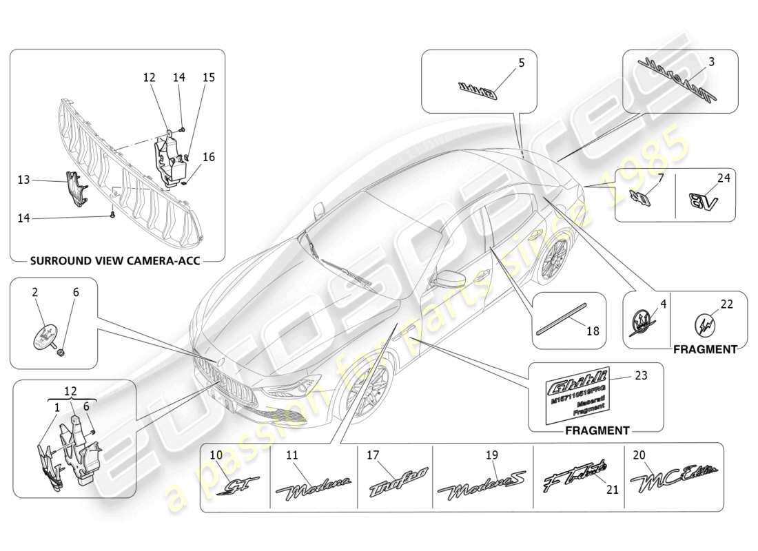 maserati ghibli fragment (2022) trims, brands and symbols part diagram