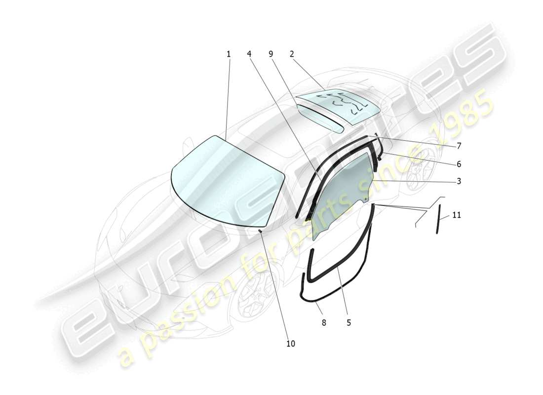 maserati mc20 (2022) windows and window strips part diagram