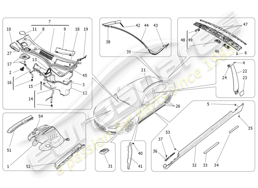 maserati quattroporte (2018) shields, trims and covering panels part diagram