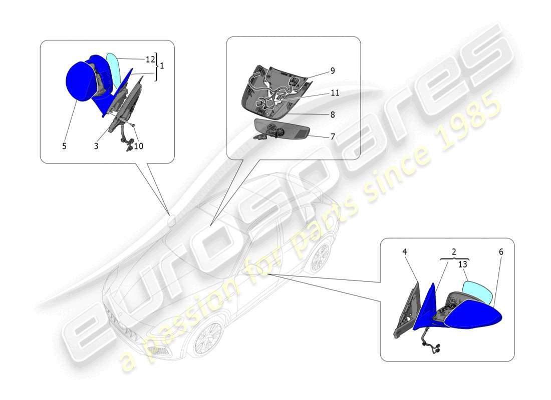 maserati grecale gt (2023) internal and external rear-view mirrors part diagram