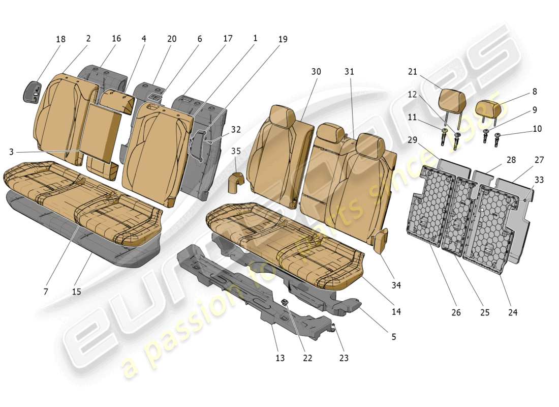 maserati grecale modena (2023) rear seats: trim panels parts diagram