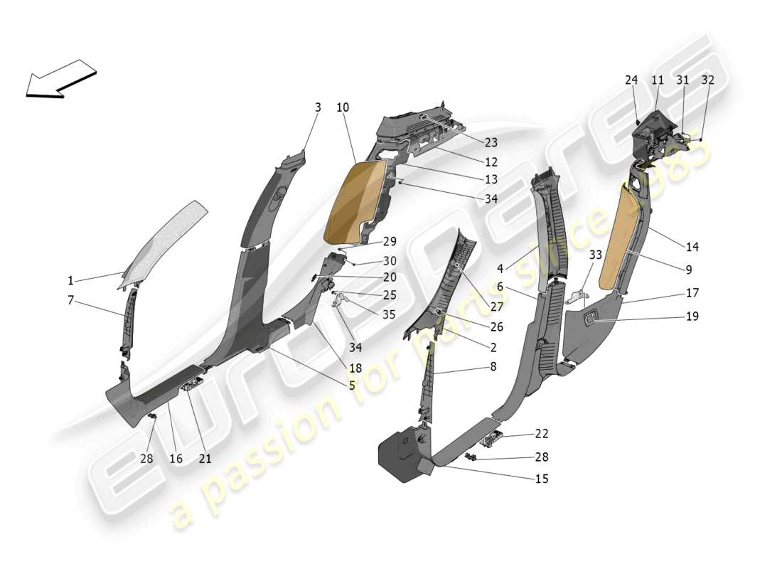 maserati grecale trofeo (2023) passenger compartment b pillar trim panels and side panels part diagram