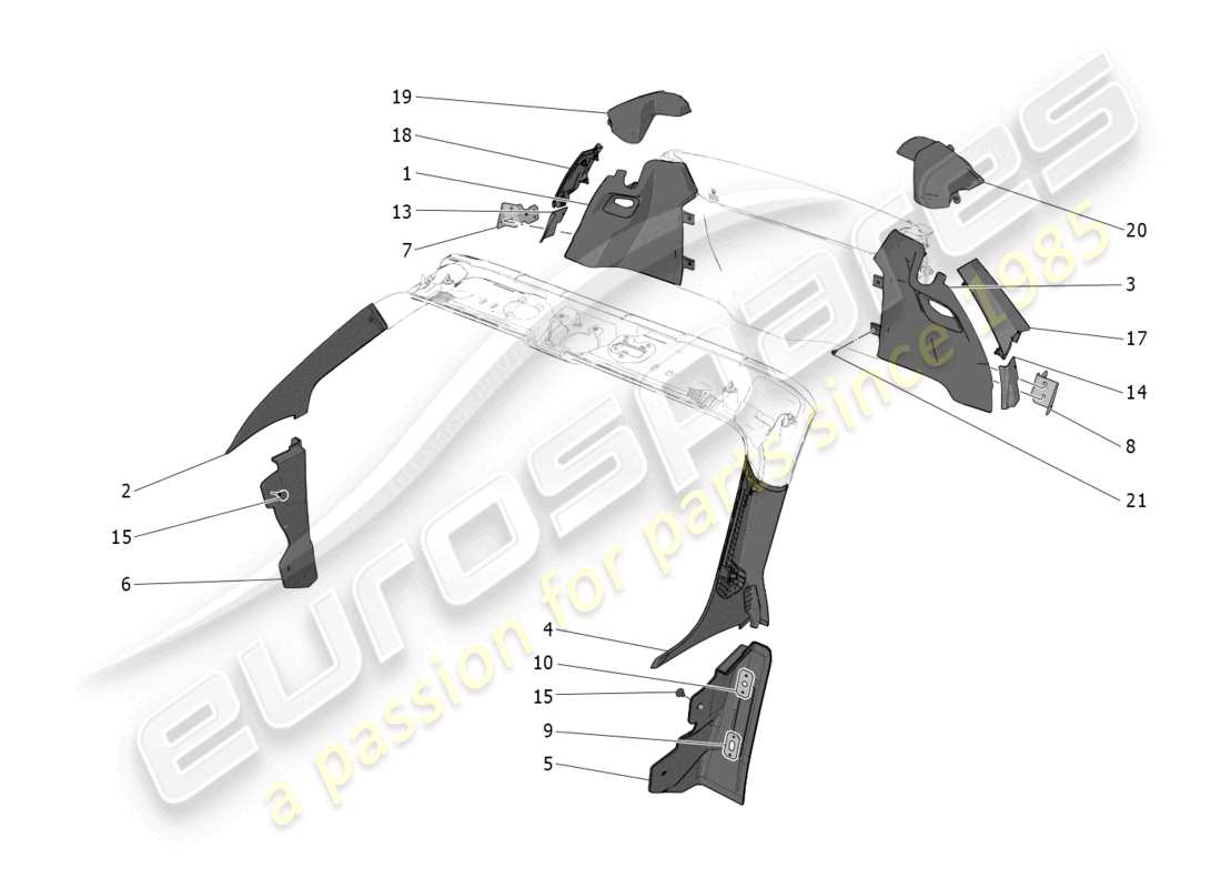 maserati mc20 cielo (2023) passenger compartment b pillar trim panels and side panels part diagram