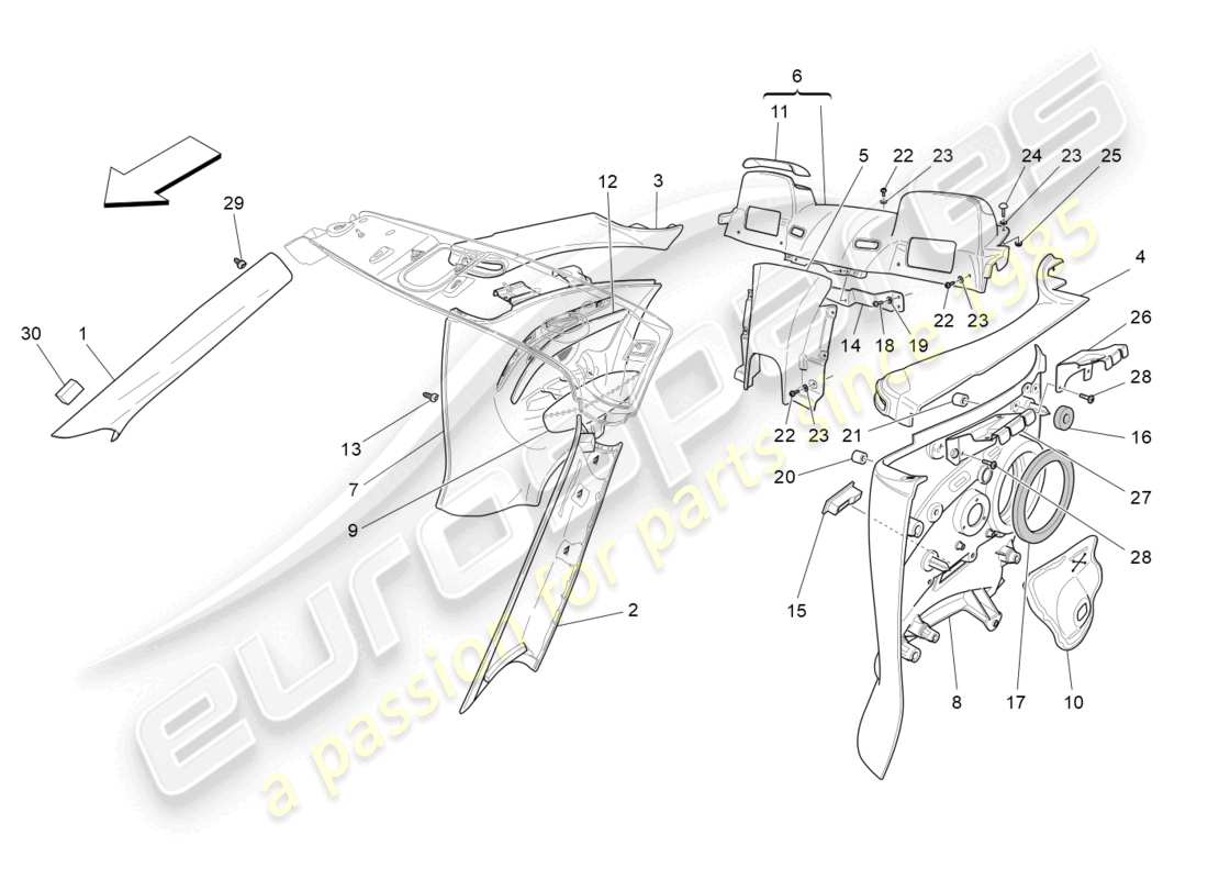 maserati grancabrio mc (2013) passenger compartment b pillar trim panels and side panels part diagram