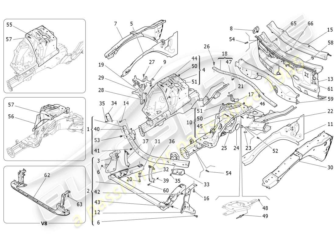 maserati ghibli fragment (2022) front structural frames and sheet panels part diagram