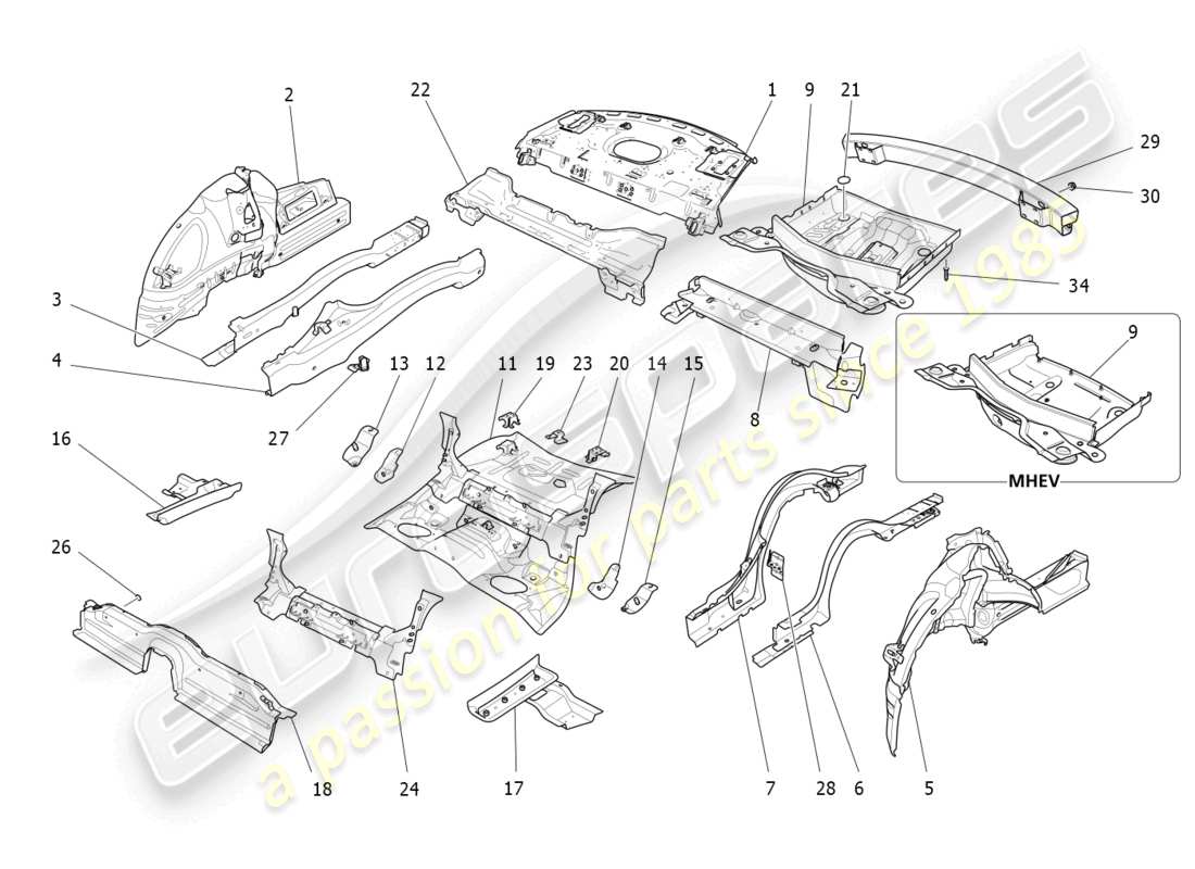 maserati ghibli fragment (2022) rear structural frames and sheet panels part diagram