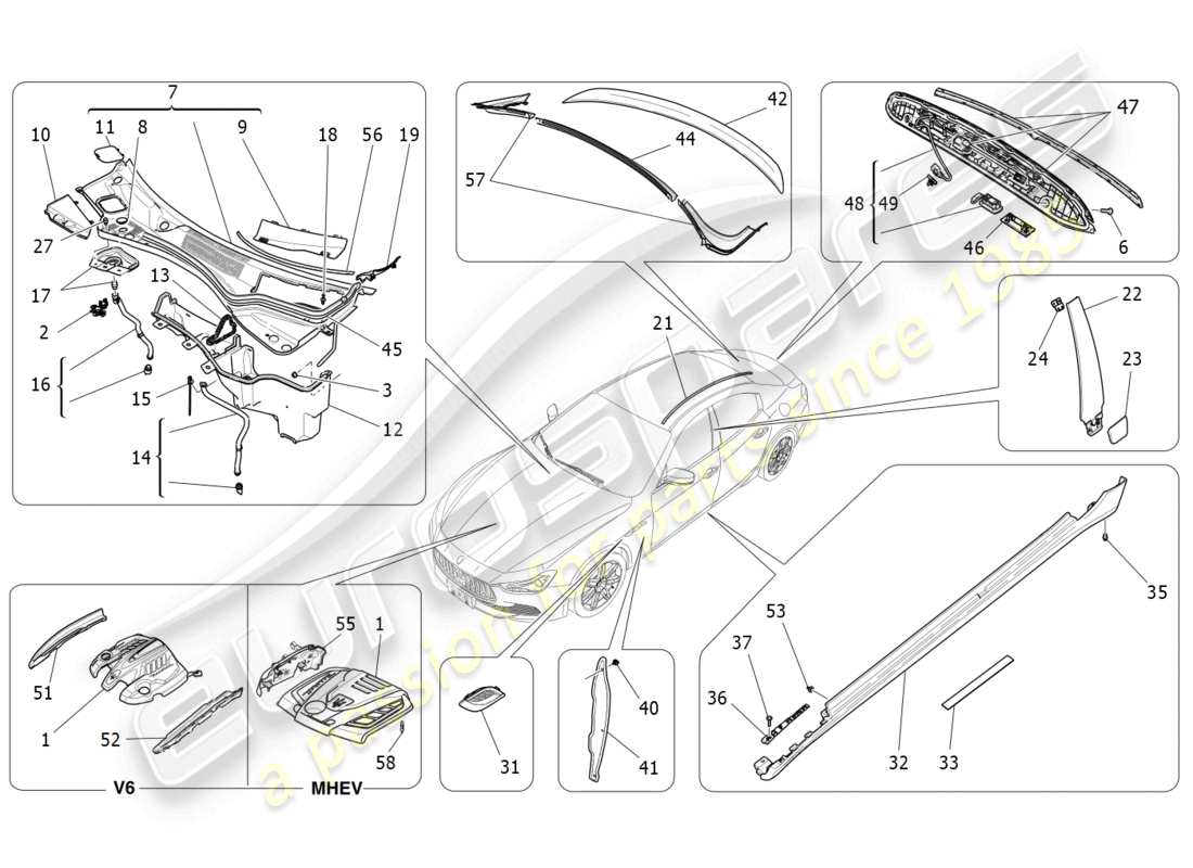 maserati ghibli (2016) shields, trims and covering panels part diagram