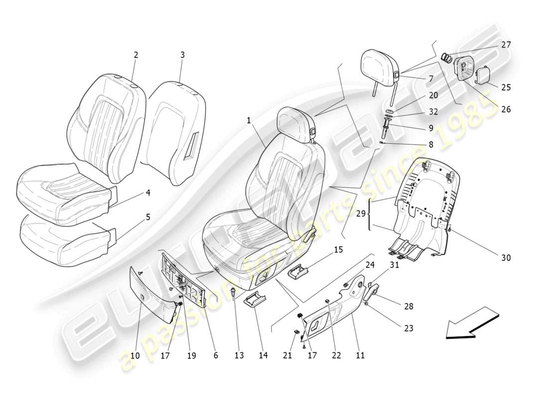 maserati levante gts (2020) front seats: trim panels part diagram