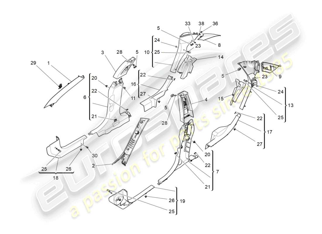 maserati ghibli (2016) passenger compartment b pillar trim panels and side panels part diagram