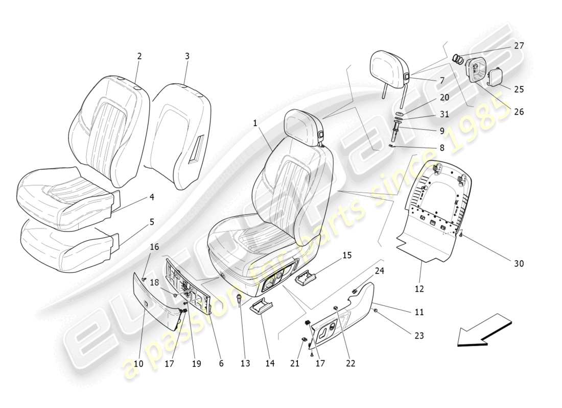 maserati quattroporte (2018) front seats: trim panels part diagram