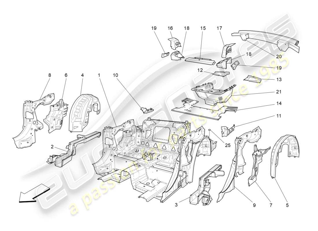 maserati grancabrio mc (2013) rear structural frames and sheet panels part diagram