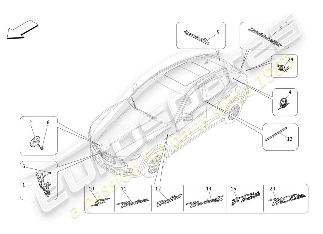 maserati levante gt (2022) trims, brands and symbols part diagram