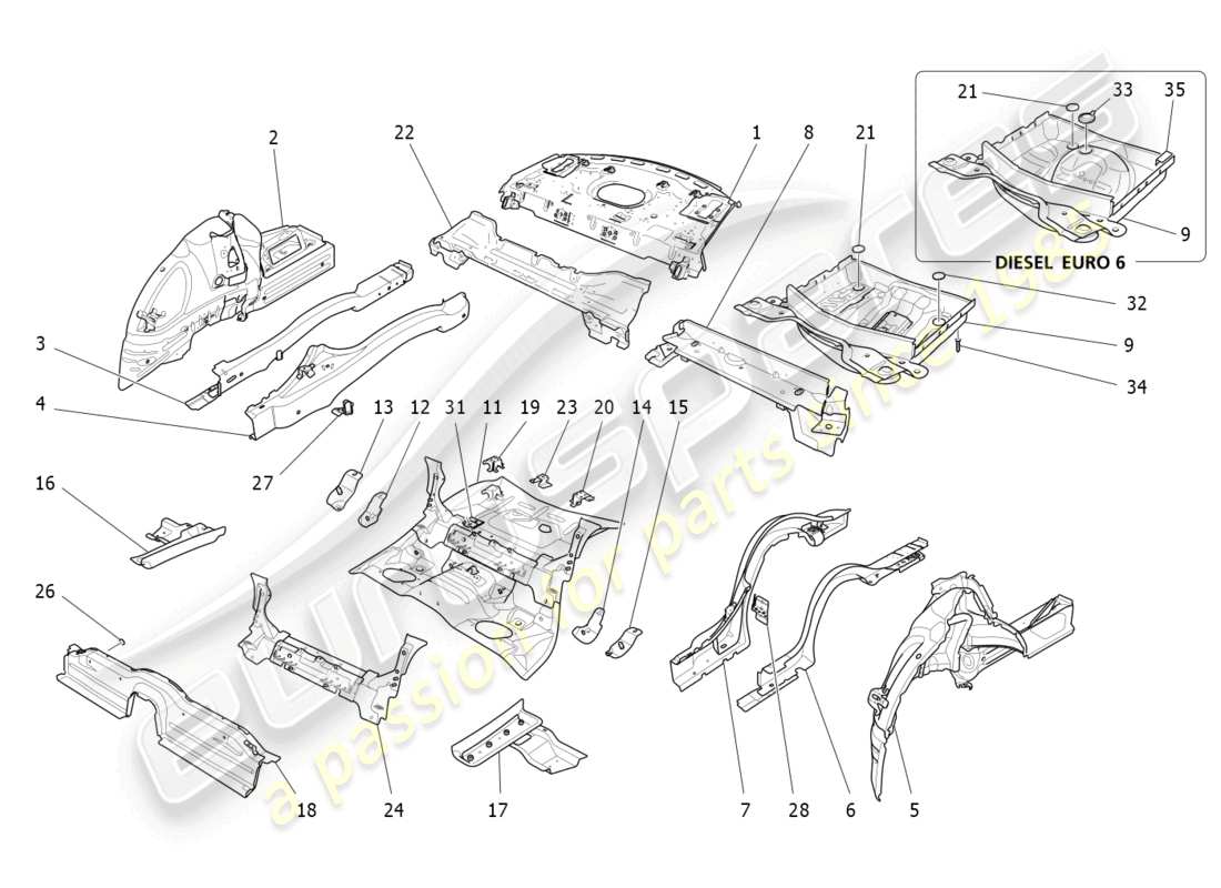 maserati quattroporte (2018) rear structural frames and sheet panels part diagram