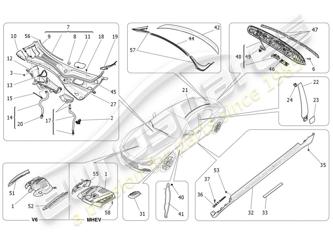 maserati ghibli (2016) shields, trims and covering panels part diagram