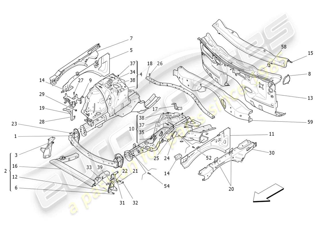 maserati levante (2019) front structural frames and sheet panels part diagram