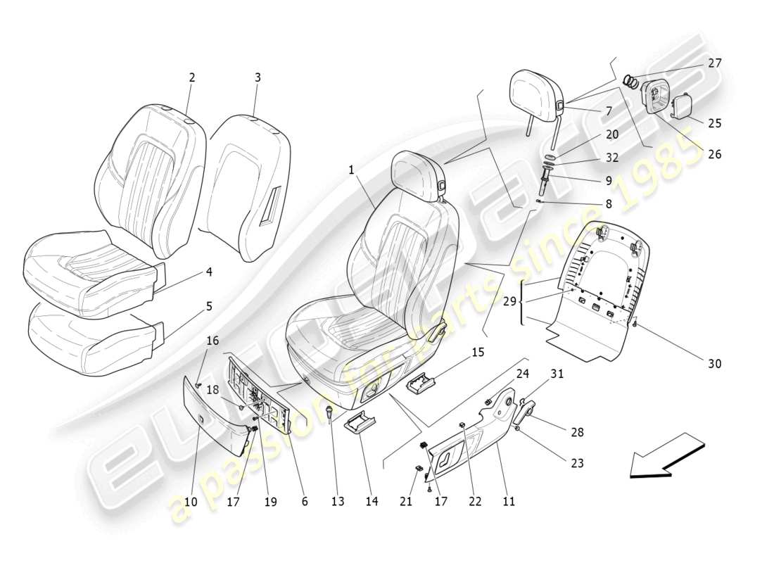 maserati ghibli (2016) front seats: trim panels part diagram