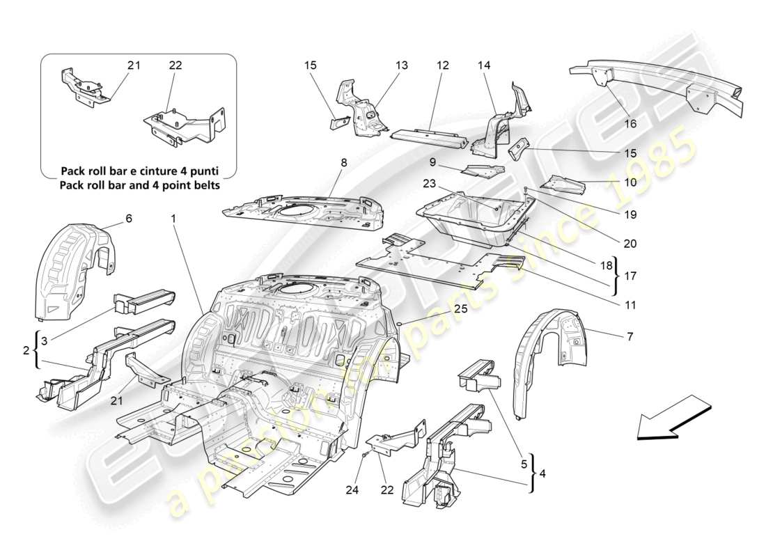 maserati granturismo mc stradale (2011) rear structural frames and sheet panels part diagram