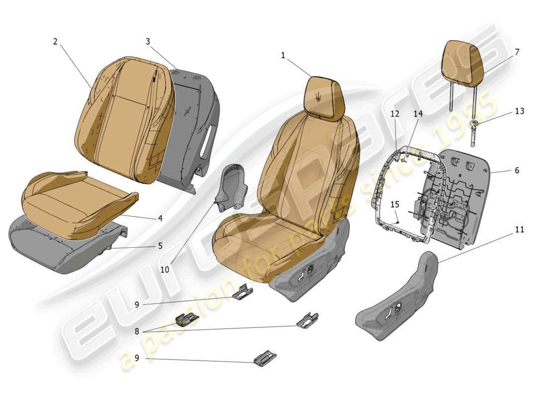 maserati grecale gt (2023) front seats: trim panels part diagram