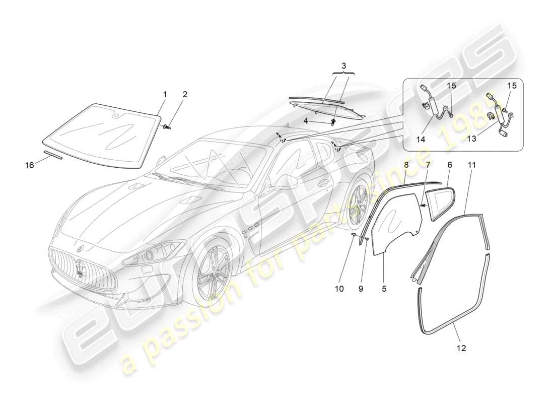 maserati granturismo mc stradale (2013) windows and window strips part diagram