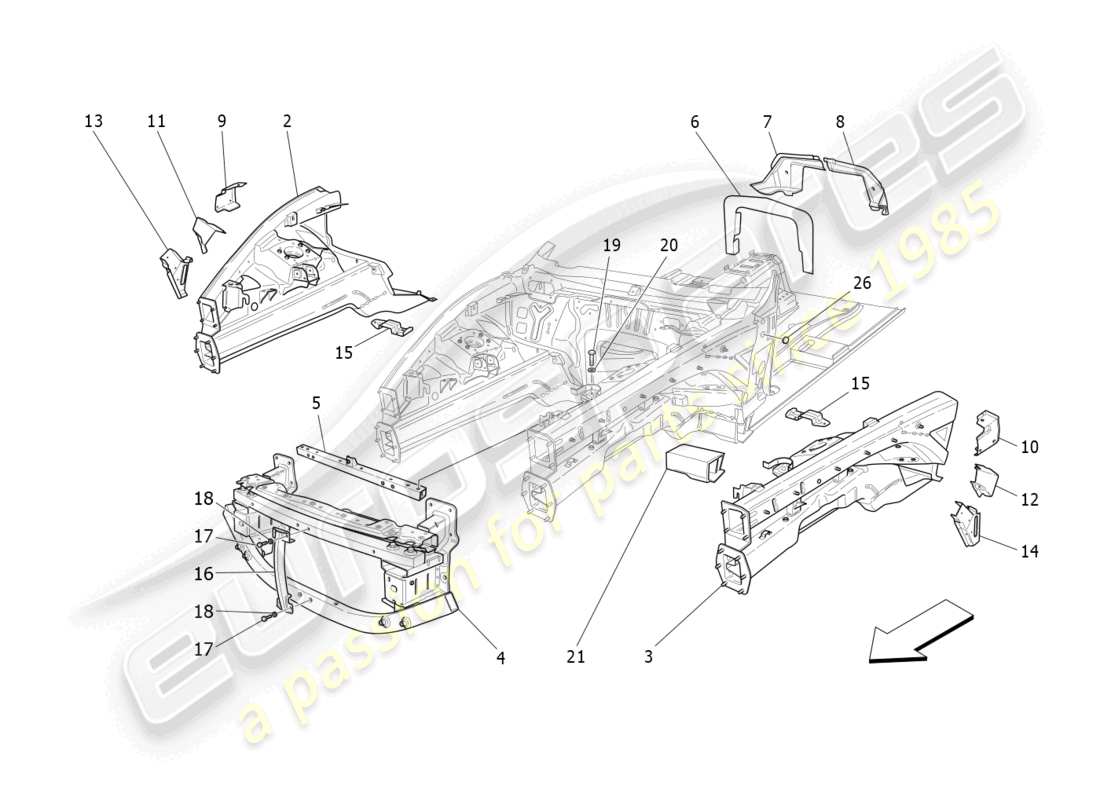 maserati granturismo mc stradale (2011) front structural frames and sheet panels part diagram