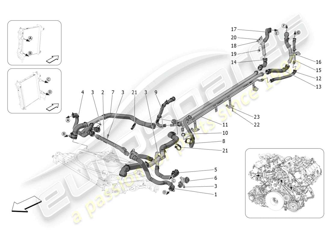 maserati mc20 (2023) cooling system: nourice and lines part diagram