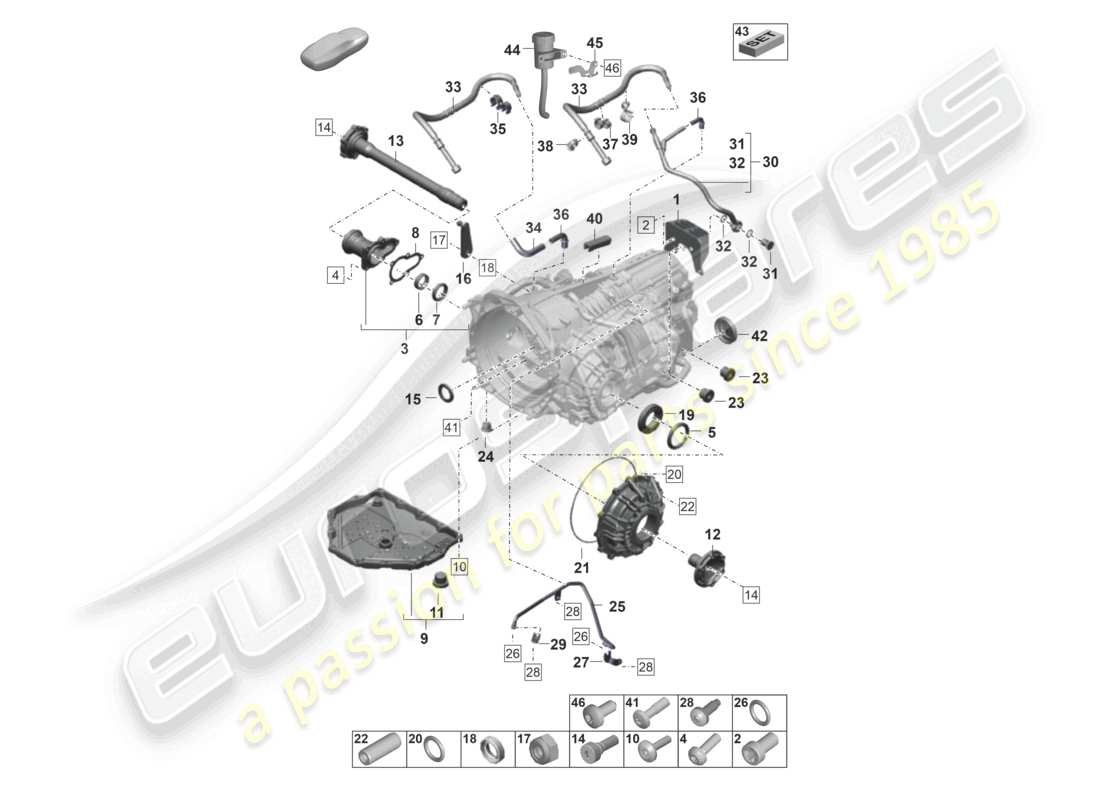 porsche 992 gt3/rs/st (2021 - 9j1) 7-speed dual clutch gearbox - pdk - individual parts part diagram