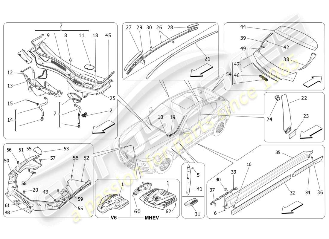 maserati levante modena s (2022) shields, trims and covering panels part diagram