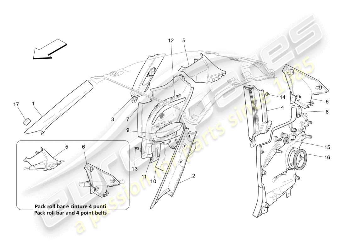 maserati granturismo mc stradale (2012) passenger compartment b pillar trim panels and side panels part diagram