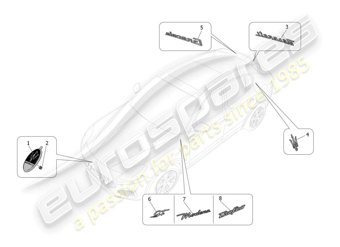 maserati grecale trofeo (2023) trims, brands and symbols part diagram