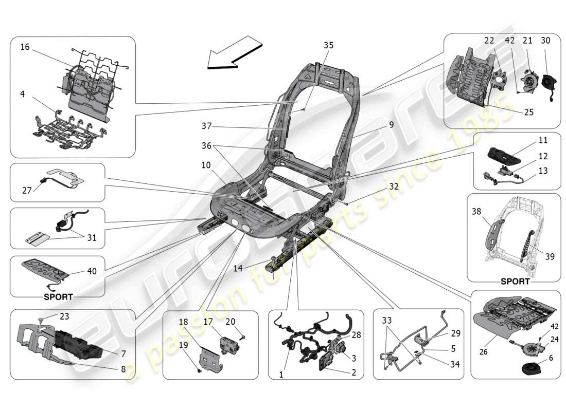 maserati grecale trofeo (2023) front seats: mechanics and electronics part diagram