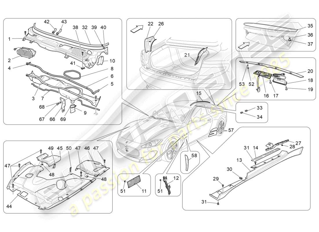 maserati granturismo mc stradale (2012) shields, trims and covering panels part diagram