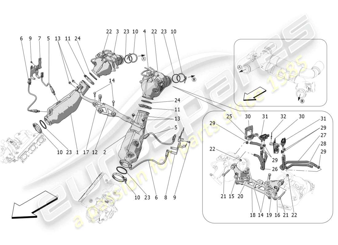 maserati mc20 cielo (2023) pre-catalytic converters and catalytic converters part diagram