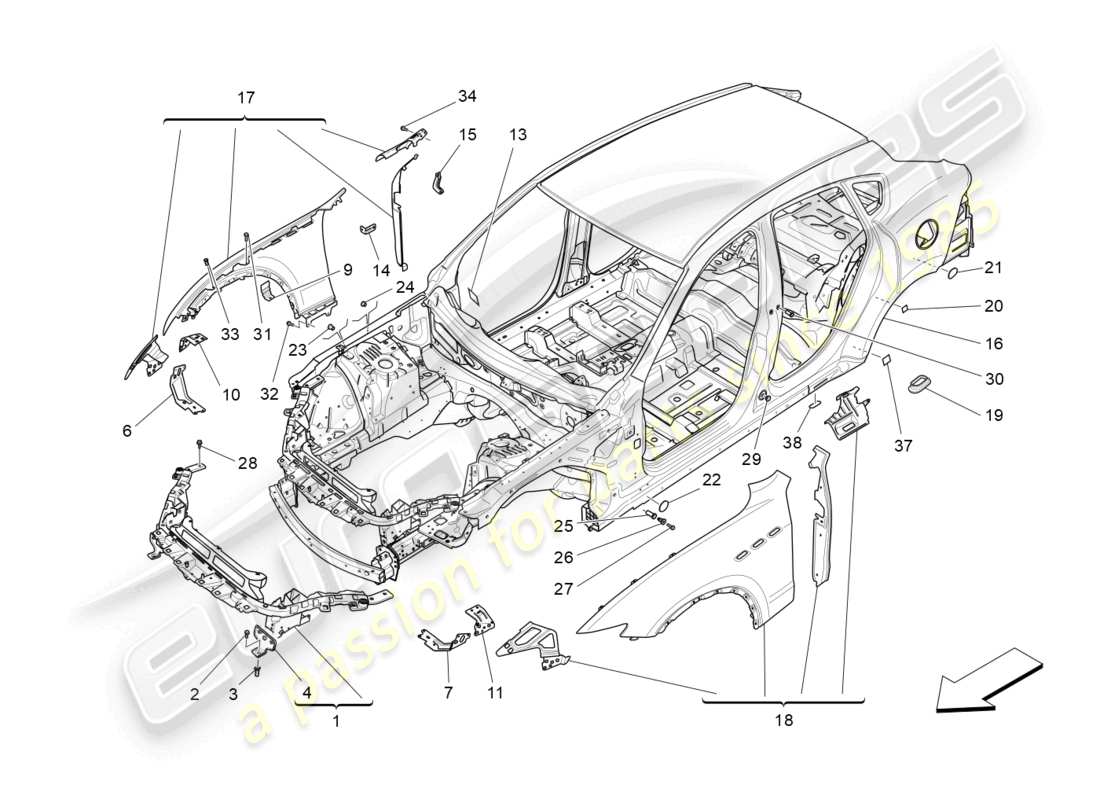 maserati levante (2019) bodywork and front outer trim panels part diagram