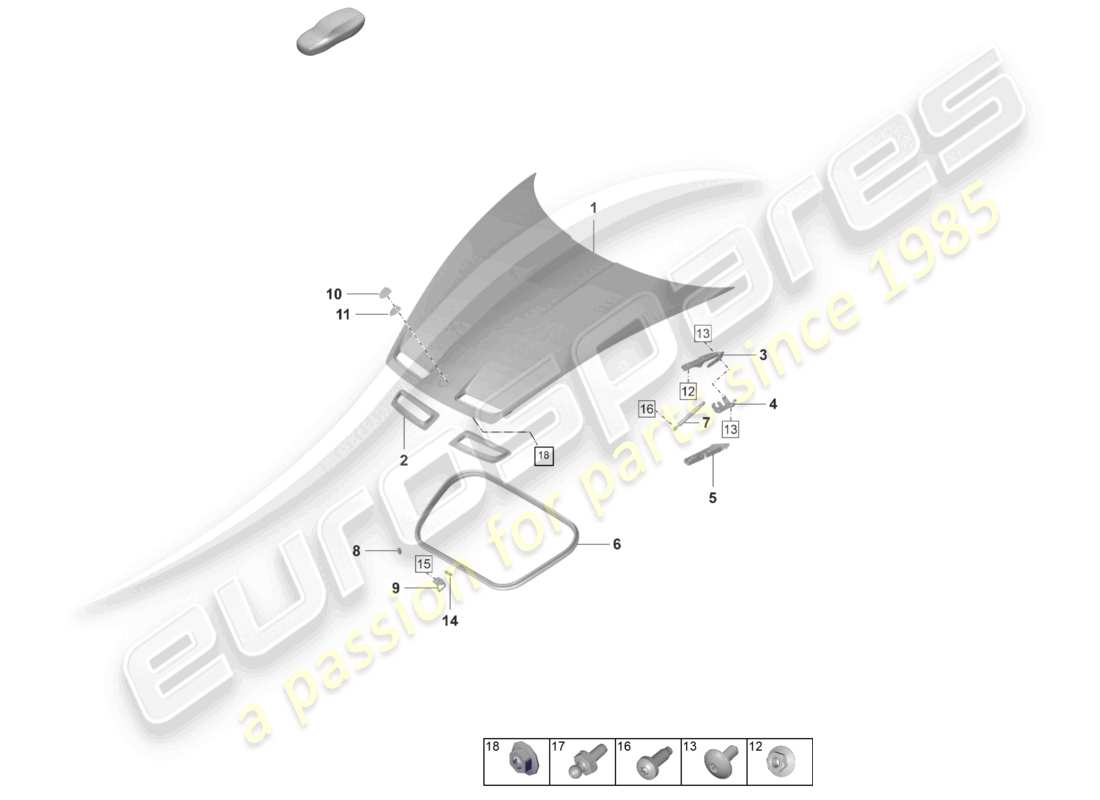 porsche 992 gt3/rs/st (2021 - 9j1) bonnet part diagram