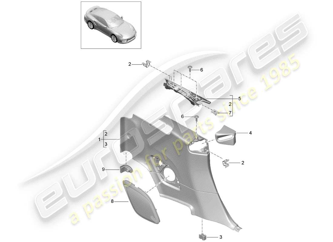 porsche 991 turbo (2018) quarter trim panel part diagram