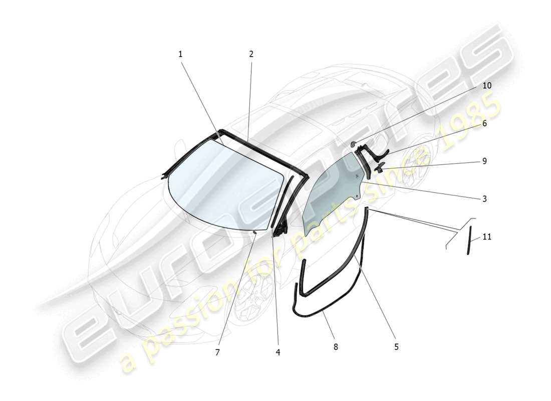 maserati mc20 cielo (2023) windows and window strips part diagram