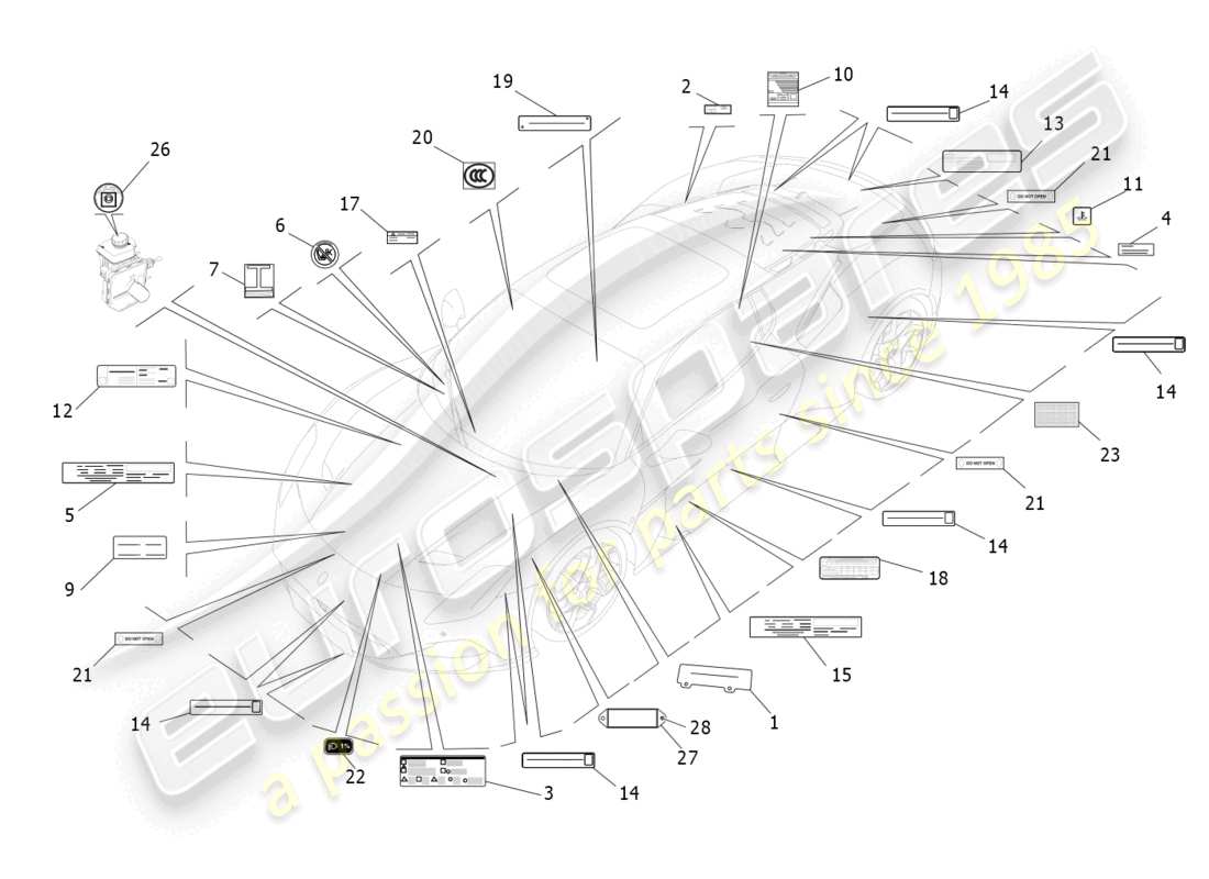 maserati mc20 (2023) stickers and labels part diagram