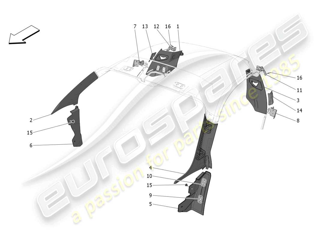 maserati mc20 (2022) passenger compartment b pillar trim panels and side panels part diagram