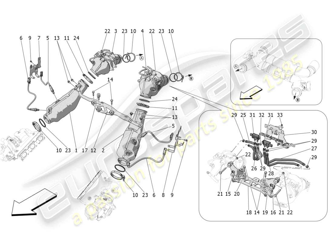 maserati mc20 (2023) pre-catalytic converters and catalytic converters part diagram