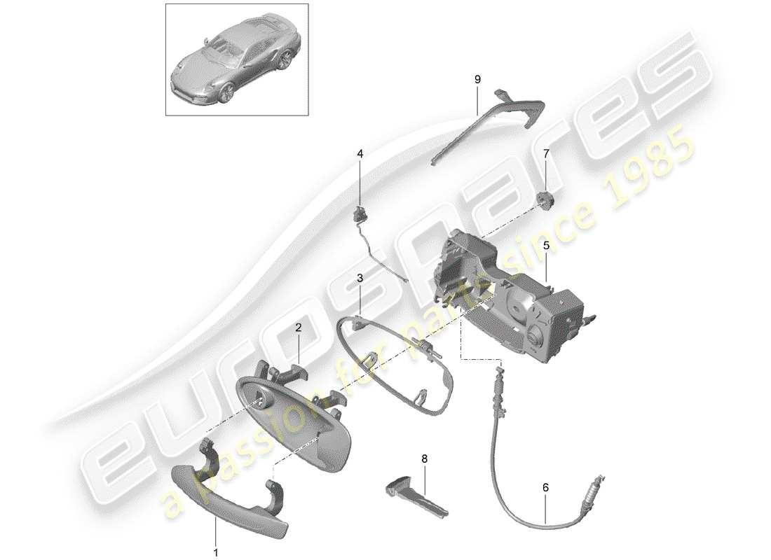 porsche 991 turbo (2018) door handle, outer part diagram