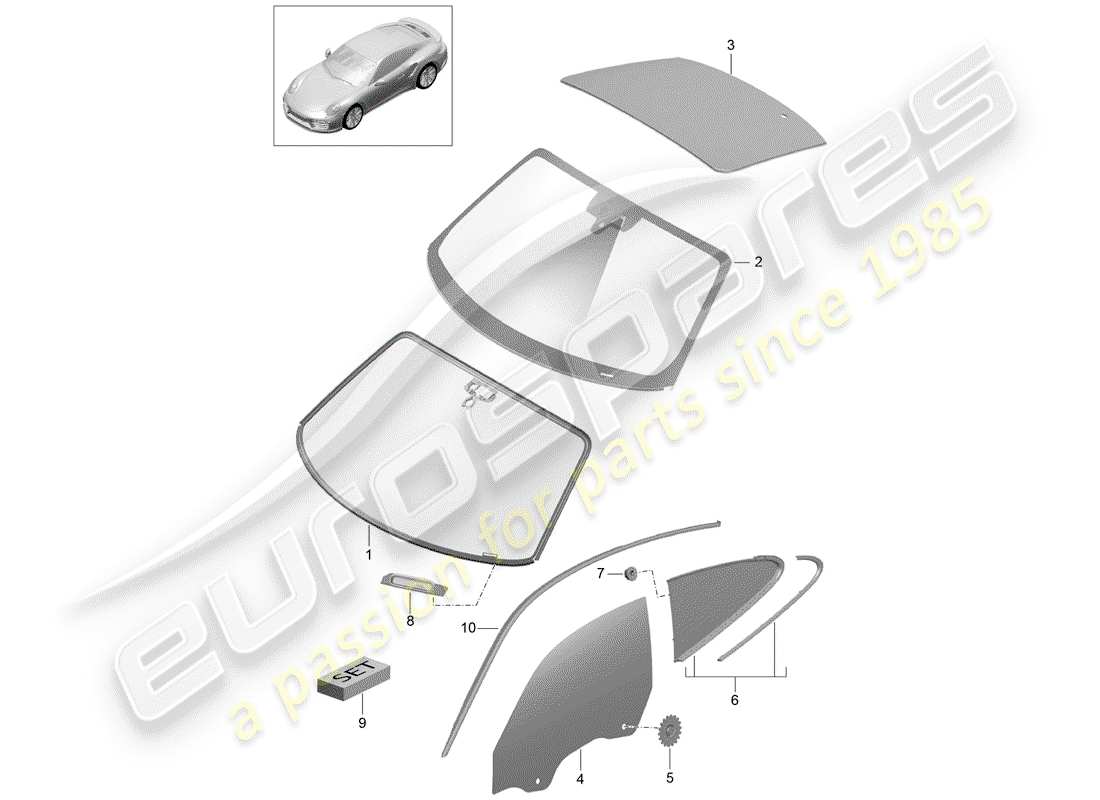 porsche 991 turbo (2018) windshield glass part diagram