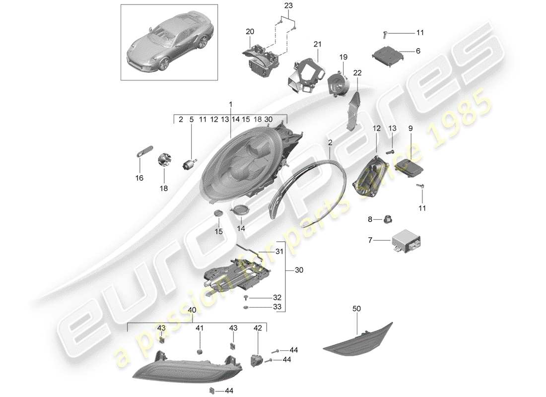 porsche 991 turbo (2018) led headlight part diagram