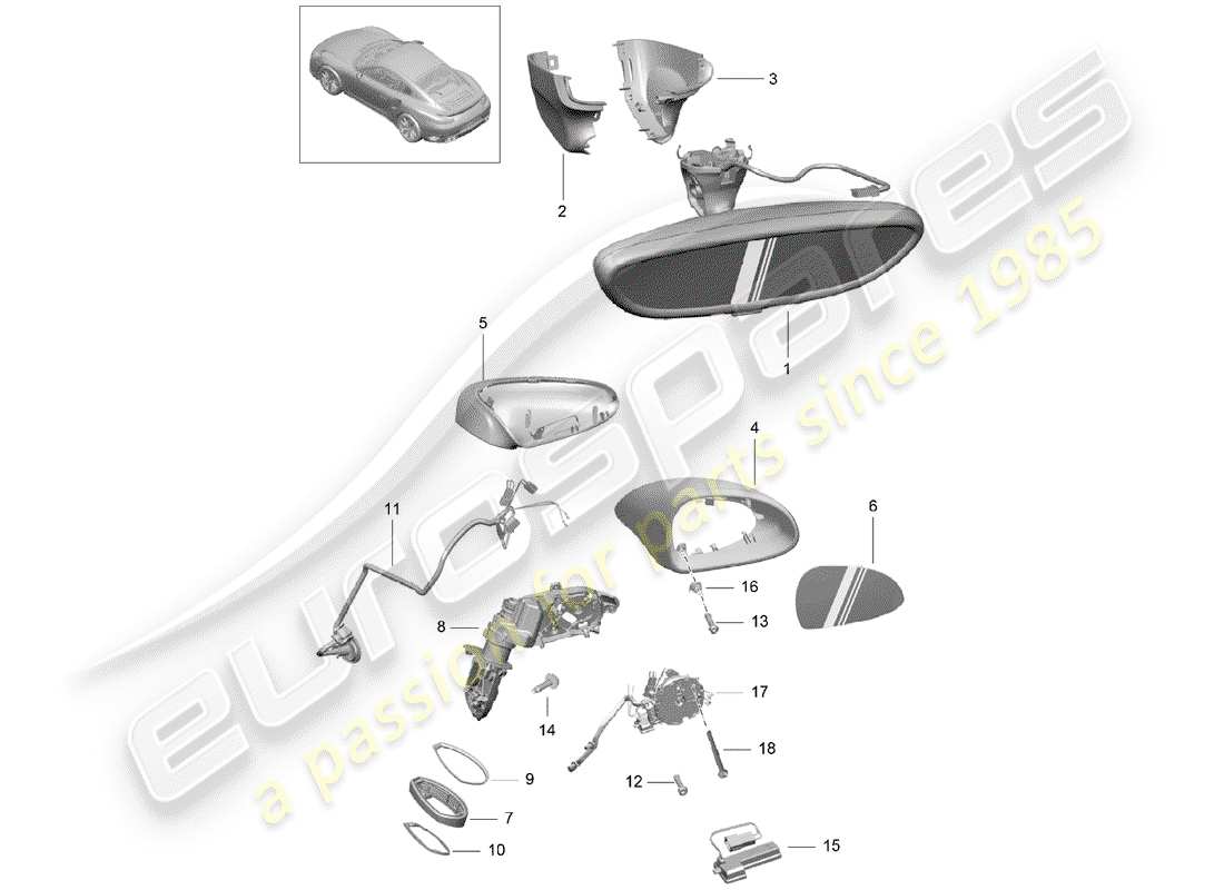 porsche 991 turbo (2018) rear view mirror inner part diagram