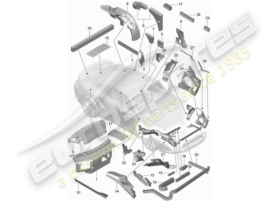 porsche 991 turbo (2018) body shell part diagram