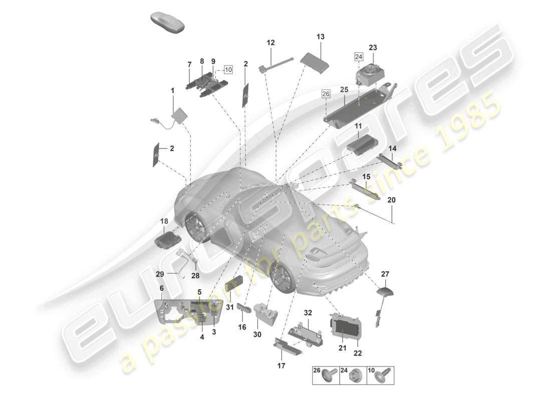 porsche 992 gt3/rs/st (2021 - 9j1) aerial aerial amplifier emergency call loudspeaker chip card reader for road toll system connection for usb and aux-in part diagram