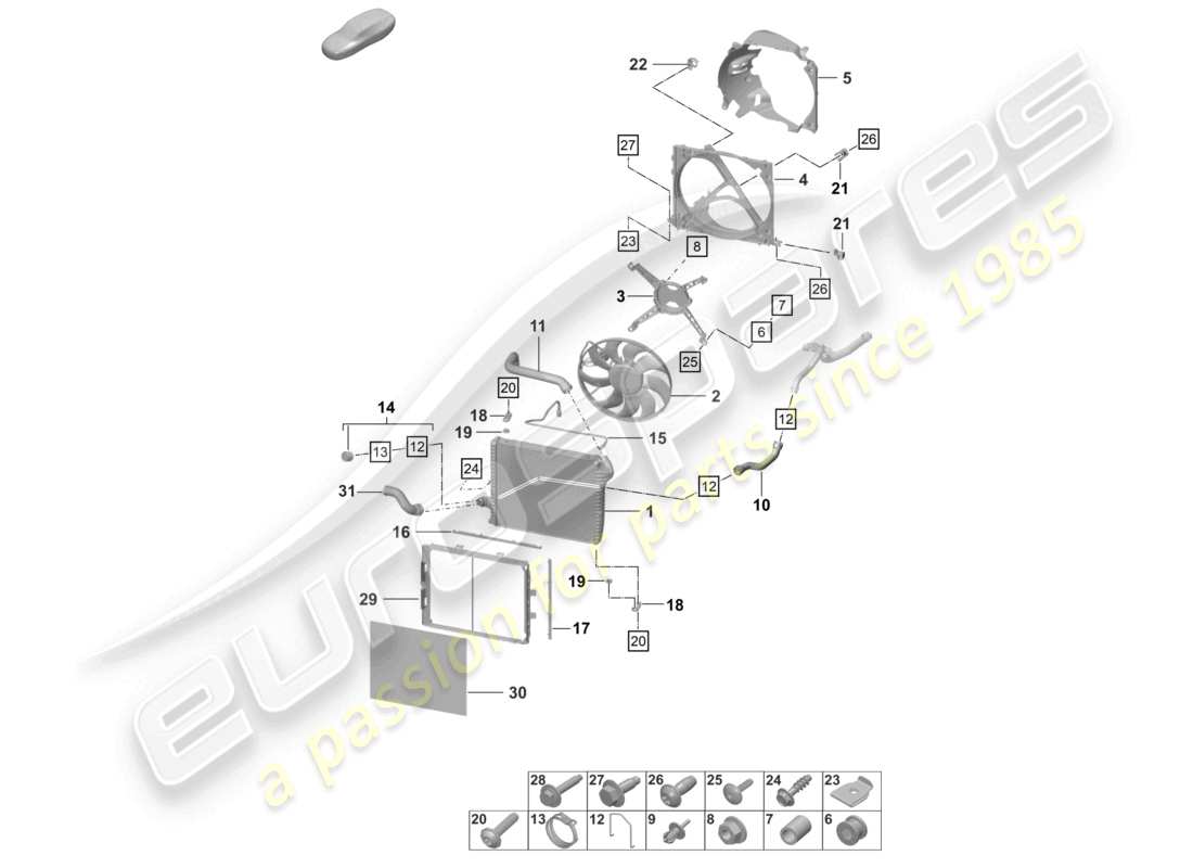 porsche 992 gt3/rs/st (2021 - 9j1) cooler for coolant front radiator fan part diagram